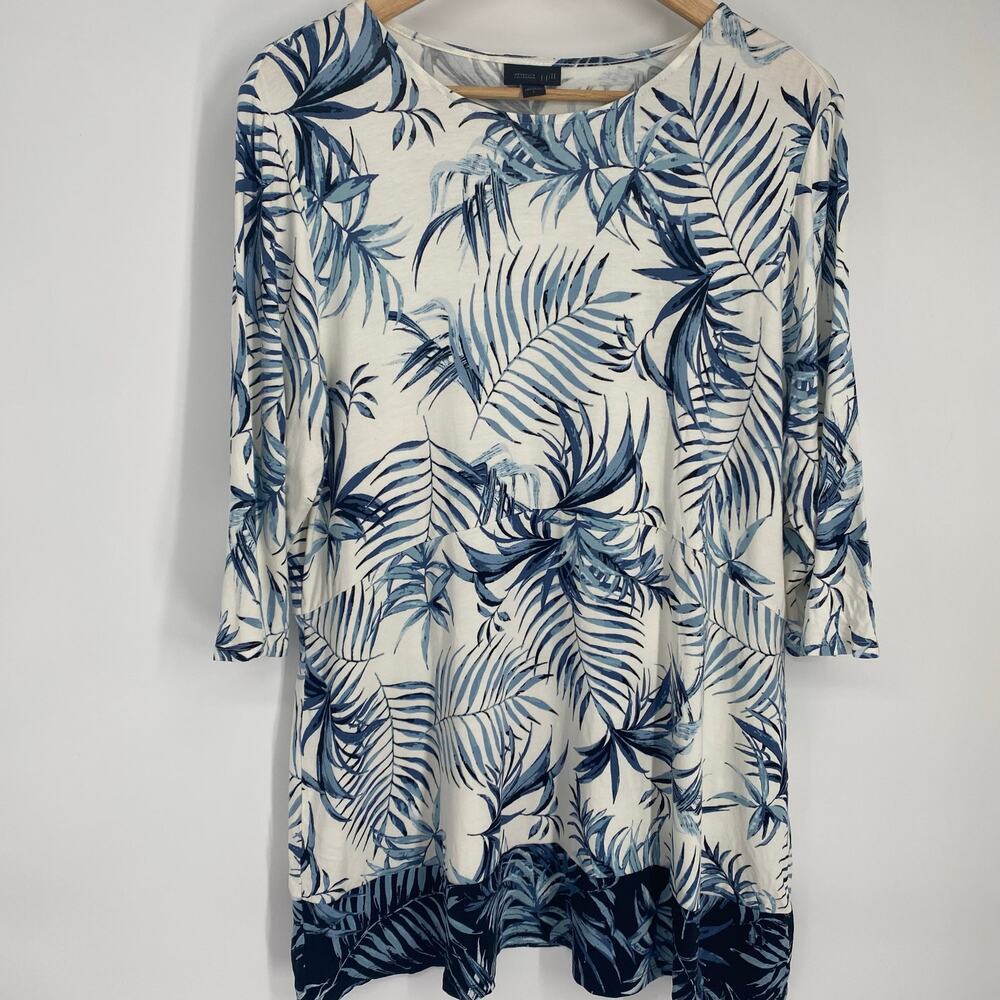 J.Jill Top Women’s Large‎ Blue Wearever Palm Tropical Coastal Nautical Floral